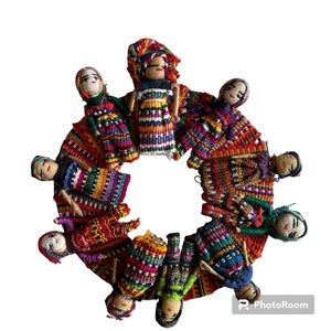Guatemala Worry Doll Wall Hanging Wreath Folk Art Women Tribe Cloth